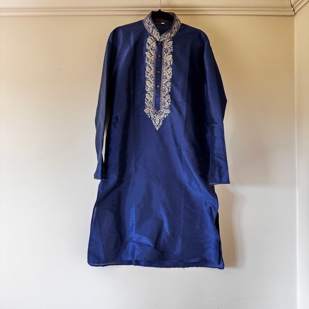 Men’s Navy Raw Silk Embroidered Kurta Set – Size L (40) – Wedding / Formal